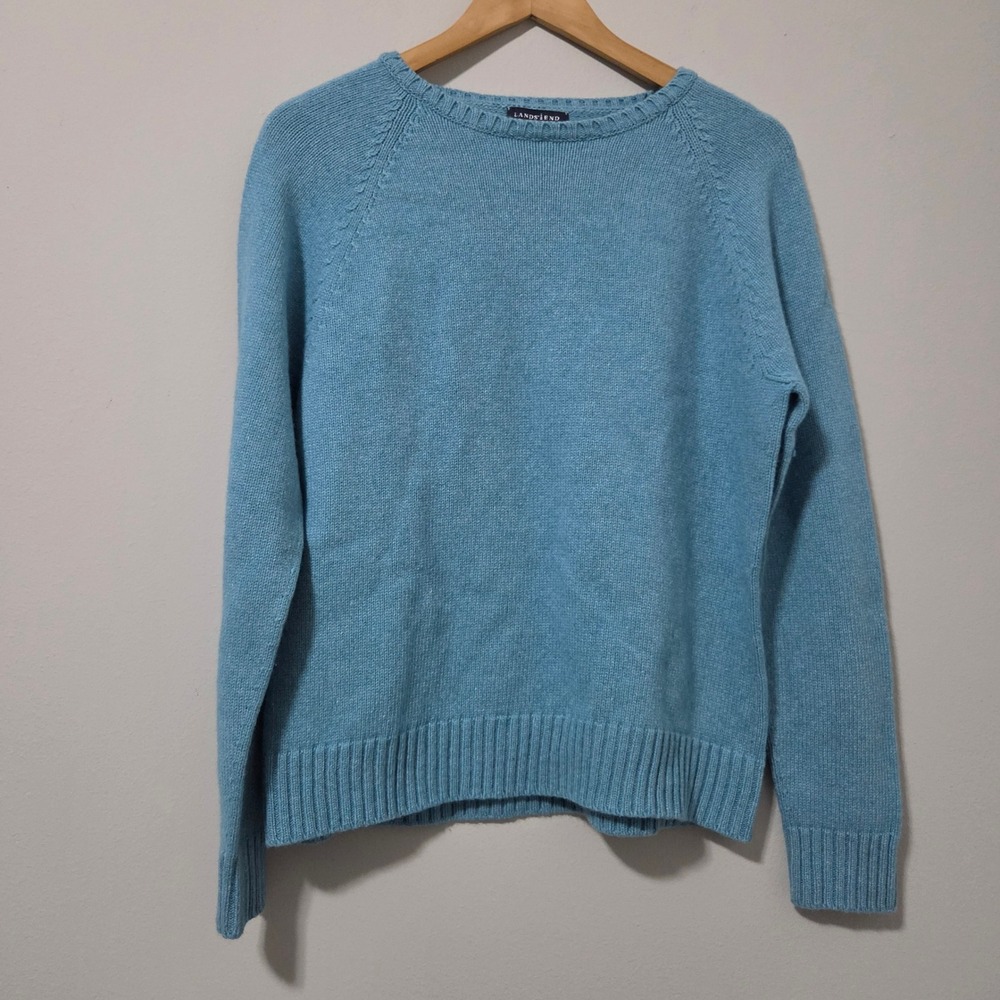 Lands End Womens Blue Wool Cashmere Angora Blend Raglan Crewneck Sweater L 14-16